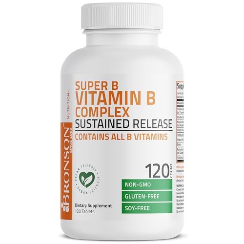 Bronson Super B Vitamin B Komplex mit verzögerter Freisetzung – Vitamin B1, B2, B3, B6, B9 (Folsäure), B12 – Alle B-Vitamine – 120 Tabletten