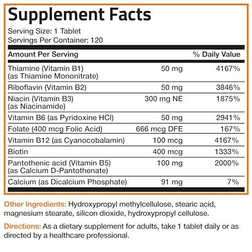 Bronson Super B Vitamin B Komplex mit verzögerter Freisetzung – Vitamin B1, B2, B3, B6, B9 (Folsäure), B12 – Alle B-Vitamine – 120 Tabletten