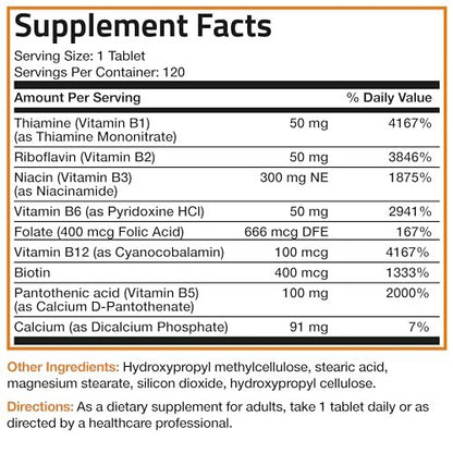 Bronson Super B Vitamin B Komplex mit verzögerter Freisetzung – Vitamin B1, B2, B3, B6, B9 (Folsäure), B12 – Alle B-Vitamine – 120 Tabletten
