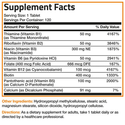 Bronson Super B Vitamin B Komplex mit verzögerter Freisetzung – Vitamin B1, B2, B3, B6, B9 (Folsäure), B12 – Alle B-Vitamine – 120 Tabletten
