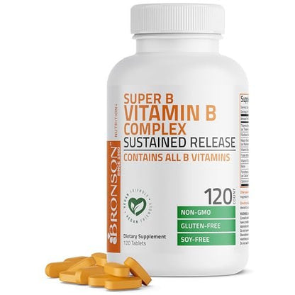 Bronson Super B Vitamin B Komplex mit verzögerter Freisetzung – Vitamin B1, B2, B3, B6, B9 (Folsäure), B12 – Alle B-Vitamine – 120 Tabletten