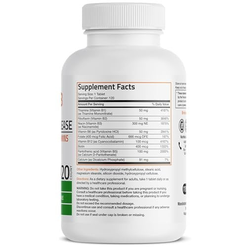 Bronson Super B Vitamin B Komplex mit verzögerter Freisetzung – Vitamin B1, B2, B3, B6, B9 (Folsäure), B12 – Alle B-Vitamine – 120 Tabletten