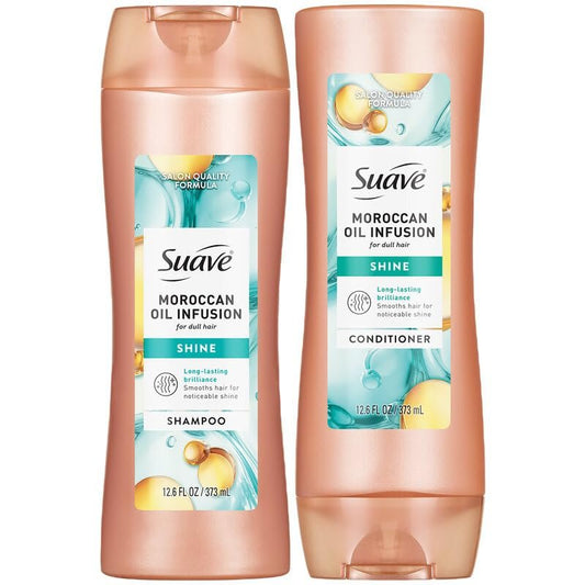 Suave Moroccan Oil Infusion Shine Shampoo und Conditioner für stumpfes Haar – Salon-erprobtes System für glänzendes, geschmeidiges Haar und Frizz-Kontrolle, 2 x 12,6 Fl Oz