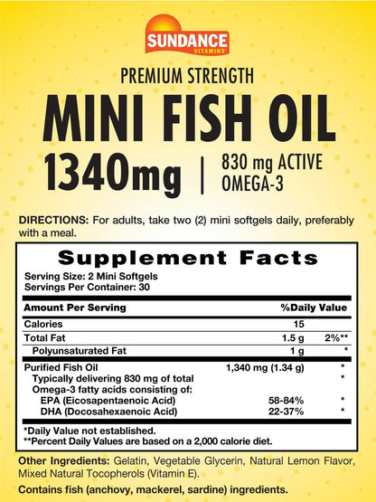 Sundance Mini Fischöl Softgels 1340mg | 60 Stück | Kontrolliert Fischgeschmack | Premium-Stärke Formel mit Omega-3 | Natürlicher Zitronengeschmack | Nicht-GMO und Glutenfrei