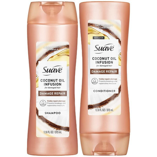 Suave Coconut Infusion Shampoo und Conditioner Set – Sichtbare Reparatur von Haarschäden, feuchtigkeitsspendende Frizz-Kontrolle für Frauen und Männer, 2 x 12,6 oz