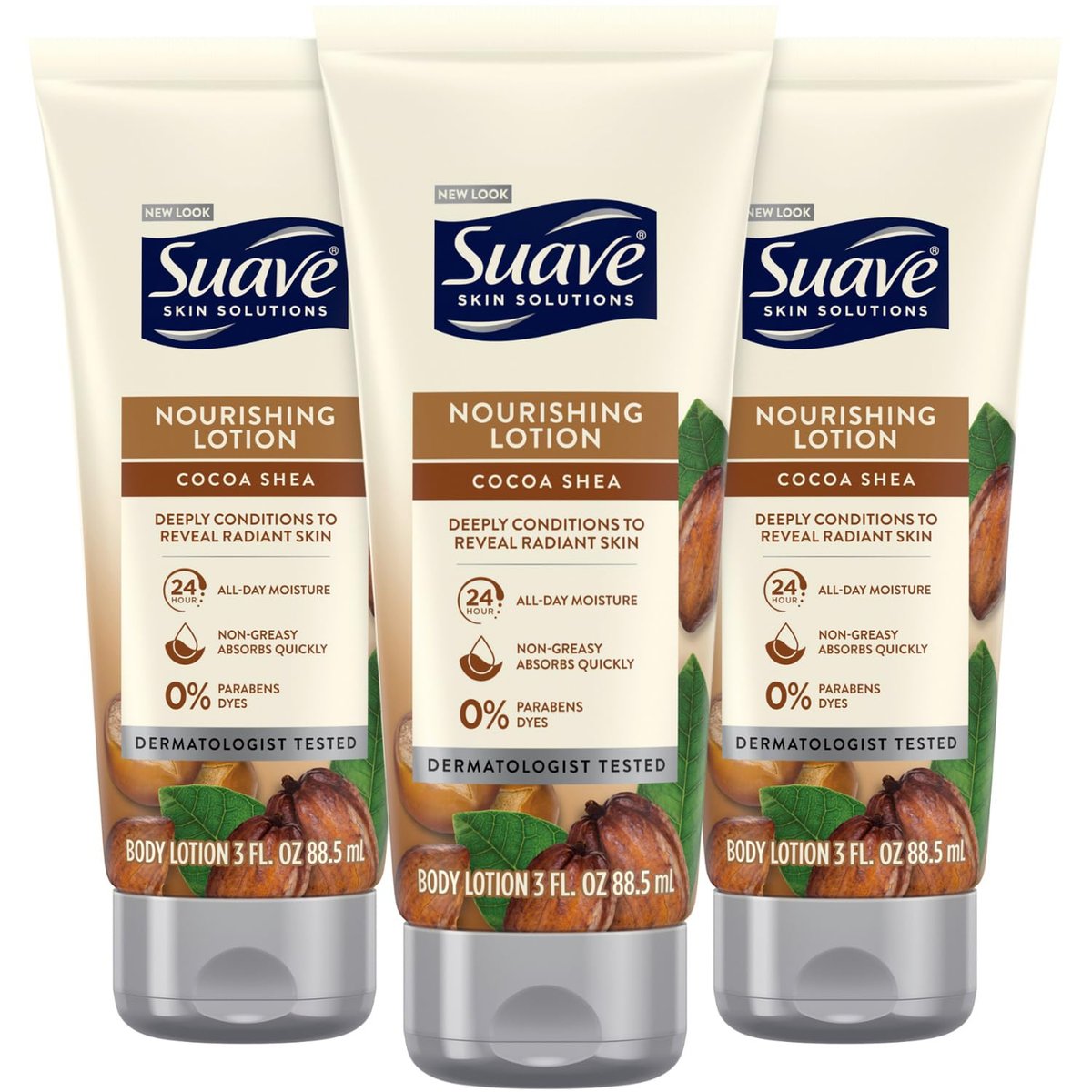 Suave Lotion mit Kakaobutter und Shea – Nährende Hand- & Körperlotion, Reisegröße für extrem trockene Haut, feuchtigkeitsspendende Creme für strahlende Haut, 24h Feuchtigkeit, 3er-Pack (3 x 89 ml)