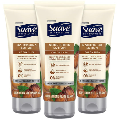 Suave Lotion mit Kakaobutter und Shea – Nährende Hand- & Körperlotion, Reisegröße für extrem trockene Haut, feuchtigkeitsspendende Creme für strahlende Haut, 24h Feuchtigkeit, 3er-Pack (3 x 89 ml)