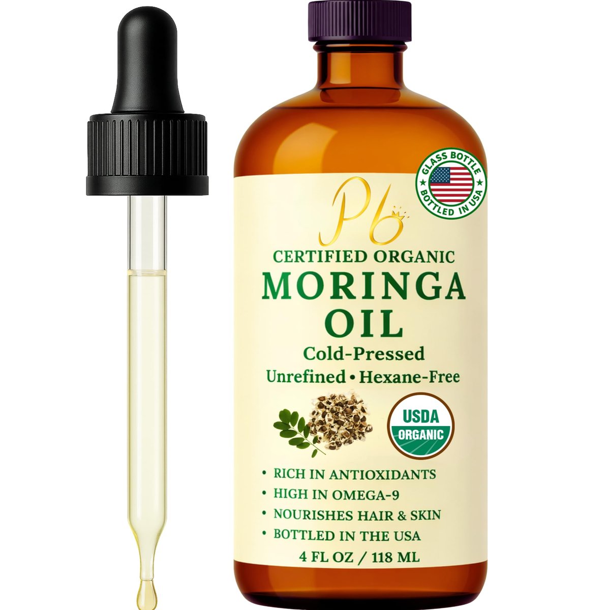 Pomberries Bio Moringa Öl – USDA zertifiziert 100% rein, kaltgepresst & unraffiniert – Moringa Samenöl für Gesicht, Haut, Haare & Körper – Feuchtigkeitsspendende Anti-Aging-Pflege – 118 ml Bernsteinflasche