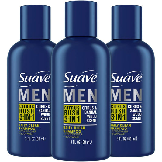 Suave Men 3-in-1 Duschgel, Shampoo & Spülung Citrus Rush – Reisegröße mit Keratin für gesundes Haar & Haut, 3er-Pack (3 x 89 ml)