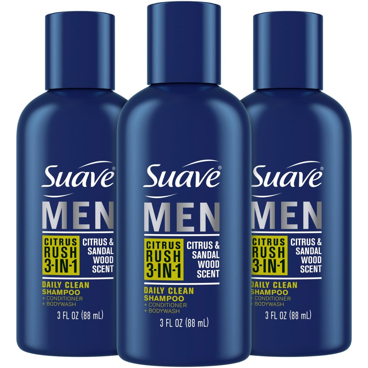 Suave Men 3-in-1 Duschgel, Shampoo & Spülung Citrus Rush – Reisegröße mit Keratin für gesundes Haar & Haut, 3er-Pack (3 x 89 ml)