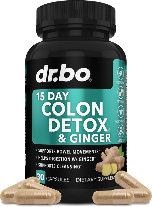 DR. BO Colon Cleanser Detox – 15-Tage-Darmreinigung mit Ingwer – Natürliches Abführmittel gegen Verstopfung, Blähbauch & zur Unterstützung der Gewichtsabnahme (30 Kapseln)