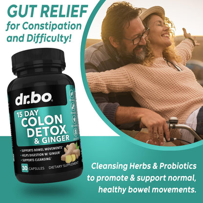 DR. BO Colon Cleanser Detox – 15-Tage-Darmreinigung mit Ingwer – Natürliches Abführmittel gegen Verstopfung, Blähbauch & zur Unterstützung der Gewichtsabnahme (30 Kapseln)