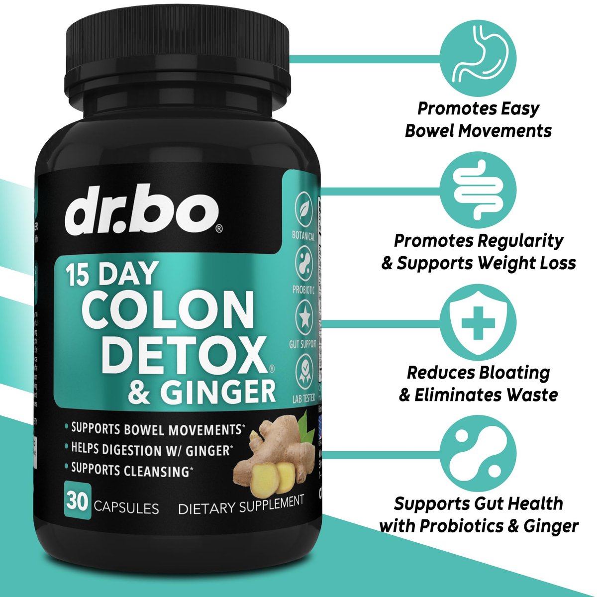 DR. BO Colon Cleanser Detox – 15-Tage-Darmreinigung mit Ingwer – Natürliches Abführmittel gegen Verstopfung, Blähbauch & zur Unterstützung der Gewichtsabnahme (30 Kapseln)