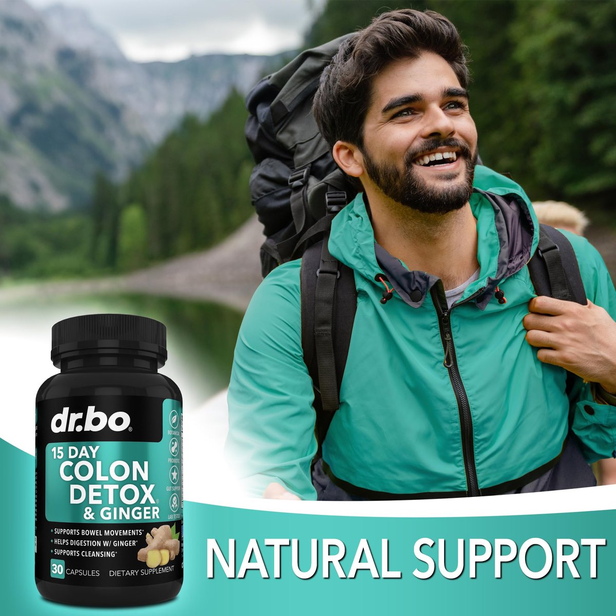 DR. BO Colon Cleanser Detox – 15-Tage-Darmreinigung mit Ingwer – Natürliches Abführmittel gegen Verstopfung, Blähbauch & zur Unterstützung der Gewichtsabnahme (30 Kapseln)
