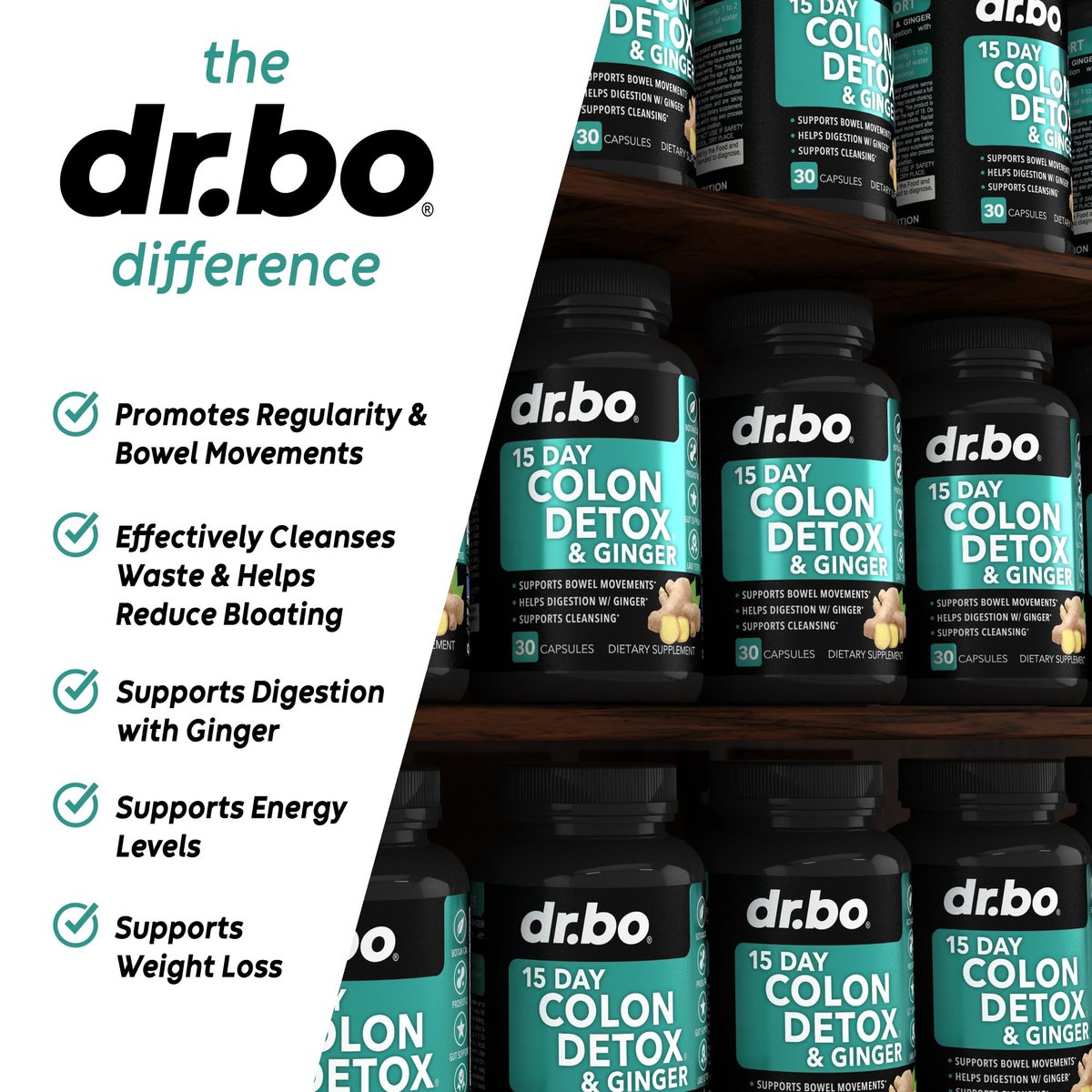 DR. BO Colon Cleanser Detox – 15-Tage-Darmreinigung mit Ingwer – Natürliches Abführmittel gegen Verstopfung, Blähbauch & zur Unterstützung der Gewichtsabnahme (30 Kapseln)