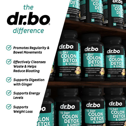 DR. BO Colon Cleanser Detox – 15-Tage-Darmreinigung mit Ingwer – Natürliches Abführmittel gegen Verstopfung, Blähbauch & zur Unterstützung der Gewichtsabnahme (30 Kapseln)