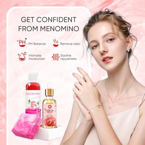 MENOMINO Femininwasch- & Yoni-Seifen-Set mit Yoni-Öl – pH-ausgeglichene Intimhygiene, 3,53 Unzen Yoni-Seife, 5,07 Fl.oz Intimwaschgel & 1 Fl.oz Yoni-Öl, Rosenduft