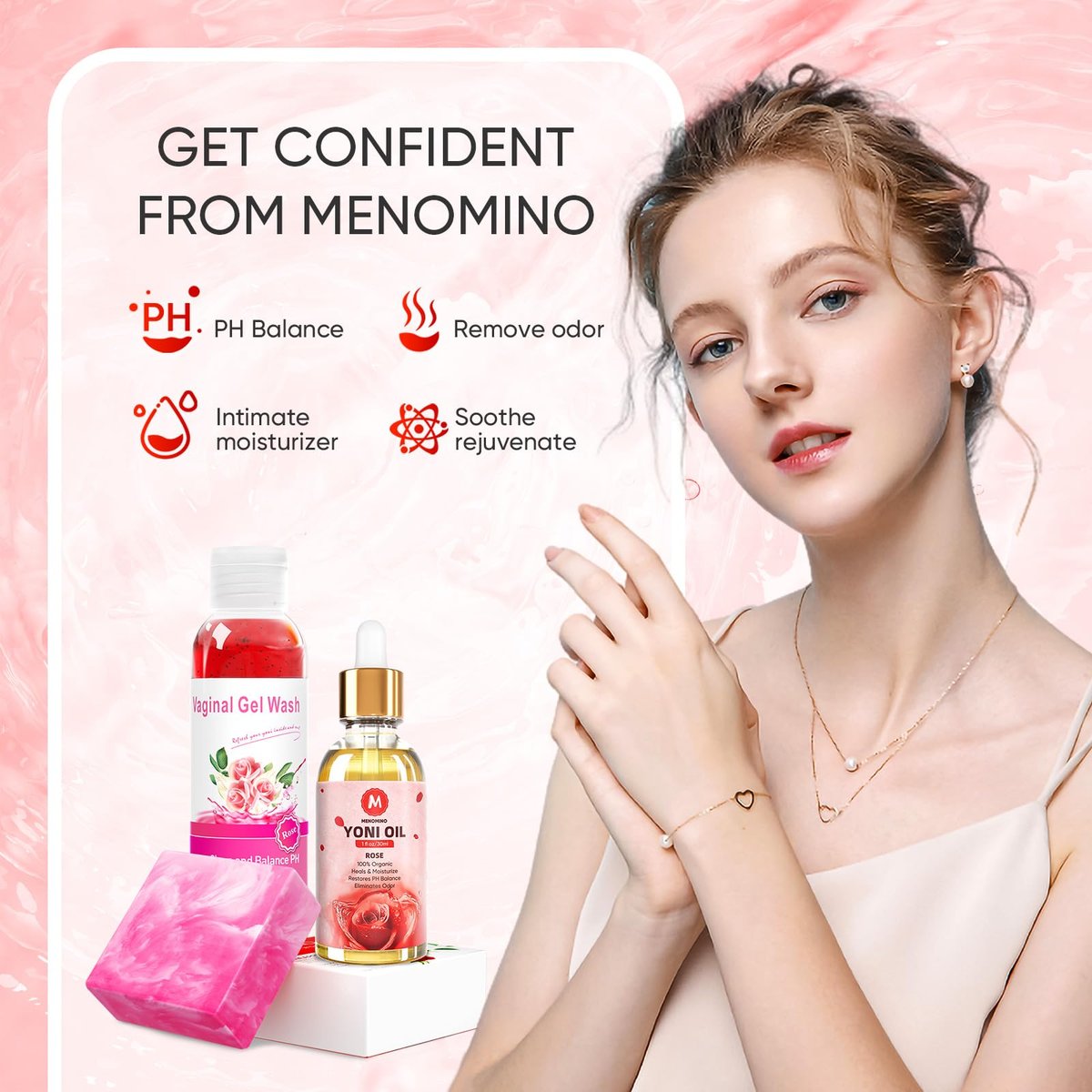 MENOMINO Femininwasch- & Yoni-Seifen-Set mit Yoni-Öl – pH-ausgeglichene Intimhygiene, 3,53 Unzen Yoni-Seife, 5,07 Fl.oz Intimwaschgel & 1 Fl.oz Yoni-Öl, Rosenduft
