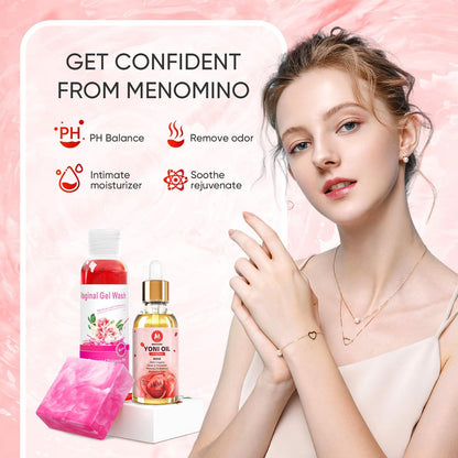 MENOMINO Femininwasch- & Yoni-Seifen-Set mit Yoni-Öl – pH-ausgeglichene Intimhygiene, 3,53 Unzen Yoni-Seife, 5,07 Fl.oz Intimwaschgel & 1 Fl.oz Yoni-Öl, Rosenduft
