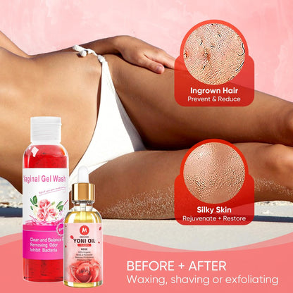 MENOMINO Femininwasch- & Yoni-Seifen-Set mit Yoni-Öl – pH-ausgeglichene Intimhygiene, 3,53 Unzen Yoni-Seife, 5,07 Fl.oz Intimwaschgel & 1 Fl.oz Yoni-Öl, Rosenduft