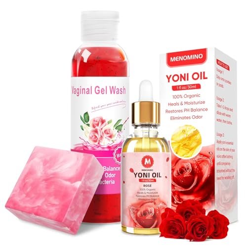 MENOMINO Femininwasch- & Yoni-Seifen-Set mit Yoni-Öl – pH-ausgeglichene Intimhygiene, 3,53 Unzen Yoni-Seife, 5,07 Fl.oz Intimwaschgel & 1 Fl.oz Yoni-Öl, Rosenduft