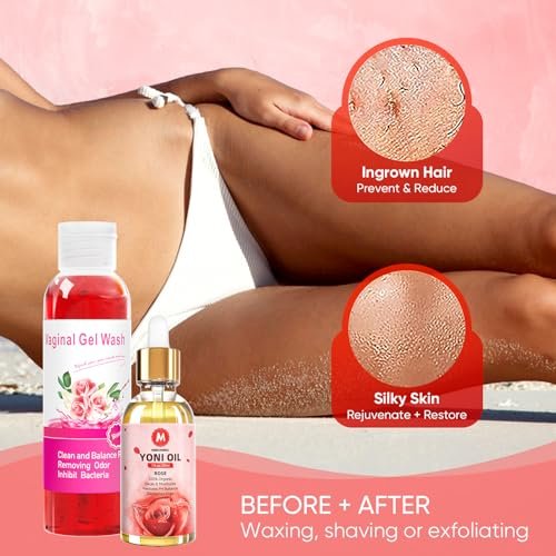 MENOMINO Femininwasch- & Yoni-Seifen-Set mit Yoni-Öl – pH-ausgeglichene Intimhygiene, 3,53 Unzen Yoni-Seife, 5,07 Fl.oz Intimwaschgel & 1 Fl.oz Yoni-Öl, Rosenduft