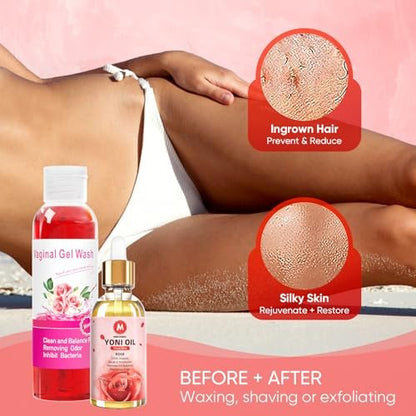 MENOMINO Femininwasch- & Yoni-Seifen-Set mit Yoni-Öl – pH-ausgeglichene Intimhygiene, 3,53 Unzen Yoni-Seife, 5,07 Fl.oz Intimwaschgel & 1 Fl.oz Yoni-Öl, Rosenduft