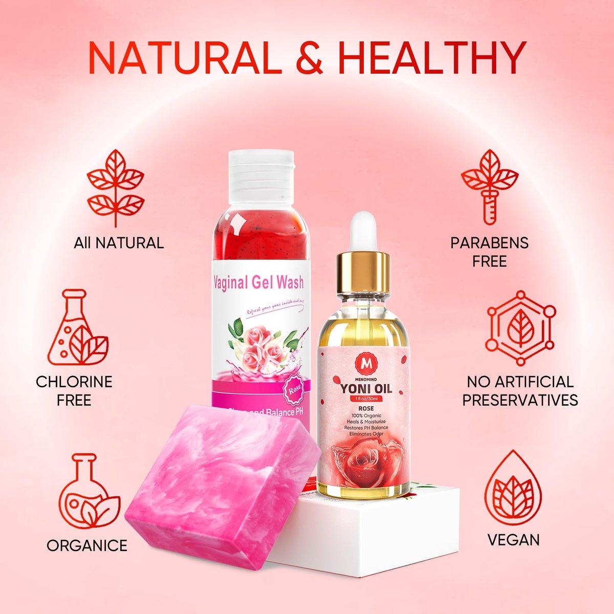 MENOMINO Femininwasch- & Yoni-Seifen-Set mit Yoni-Öl – pH-ausgeglichene Intimhygiene, 3,53 Unzen Yoni-Seife, 5,07 Fl.oz Intimwaschgel & 1 Fl.oz Yoni-Öl, Rosenduft