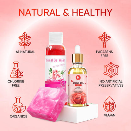 MENOMINO Femininwasch- & Yoni-Seifen-Set mit Yoni-Öl – pH-ausgeglichene Intimhygiene, 3,53 Unzen Yoni-Seife, 5,07 Fl.oz Intimwaschgel & 1 Fl.oz Yoni-Öl, Rosenduft