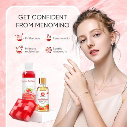 MENOMINO Intimwaschseife & Yoni-Öl für Frauen – pH-Balance, Feuchtigkeitsspender & Geruchsentfernung – 5,07 Fl.Oz Intimwaschmittel, 1 Fl.Oz Bio-Frauenöl & 3,53 Oz Yoni-Seife