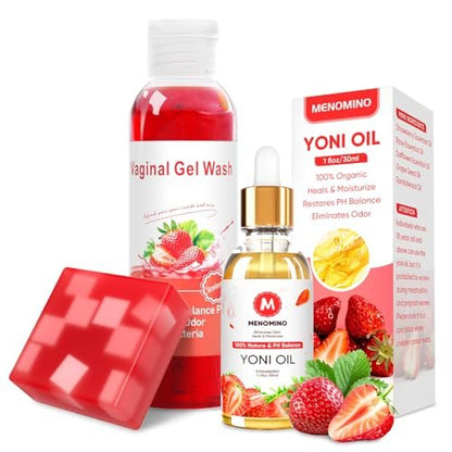 MENOMINO Intimwaschseife & Yoni-Öl für Frauen – pH-Balance, Feuchtigkeitsspender & Geruchsentfernung – 5,07 Fl.Oz Intimwaschmittel, 1 Fl.Oz Bio-Frauenöl & 3,53 Oz Yoni-Seife