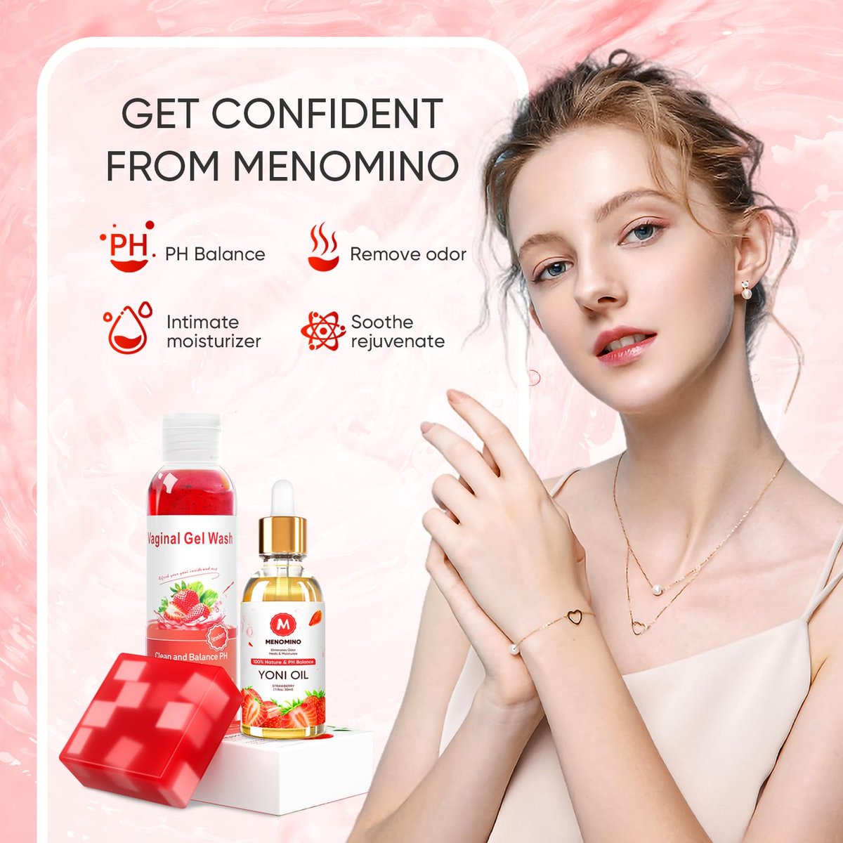 MENOMINO Intimwaschseife & Yoni-Öl für Frauen – pH-Balance, Feuchtigkeitsspender & Geruchsentfernung – 5,07 Fl.Oz Intimwaschmittel, 1 Fl.Oz Bio-Frauenöl & 3,53 Oz Yoni-Seife