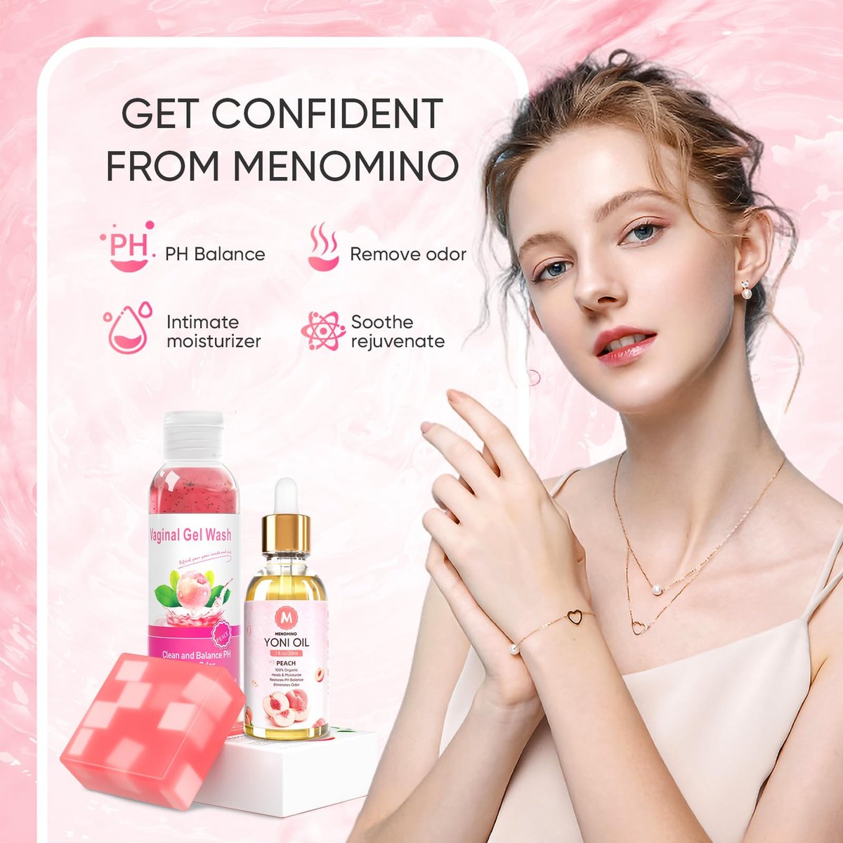 MENOMINO Femininwaschseife & Yoni-Öl-Set für pH-Balance, Feuchtigkeitsspendend, Geruchsentfernung, 150 ml Waschseife, 30 ml Bio-Femininöl & 100 g Yoni-Seife (Pfirsich)