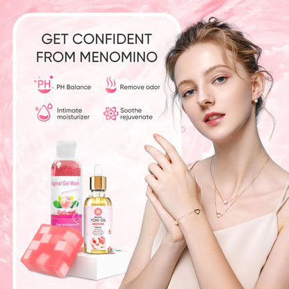 MENOMINO Femininwaschseife & Yoni-Öl-Set für pH-Balance, Feuchtigkeitsspendend, Geruchsentfernung, 150 ml Waschseife, 30 ml Bio-Femininöl & 100 g Yoni-Seife (Pfirsich)