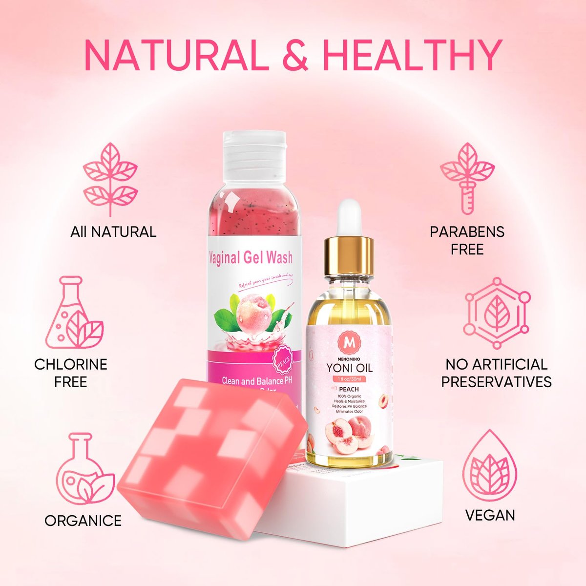 MENOMINO Femininwaschseife & Yoni-Öl-Set für pH-Balance, Feuchtigkeitsspendend, Geruchsentfernung, 150 ml Waschseife, 30 ml Bio-Femininöl & 100 g Yoni-Seife (Pfirsich)