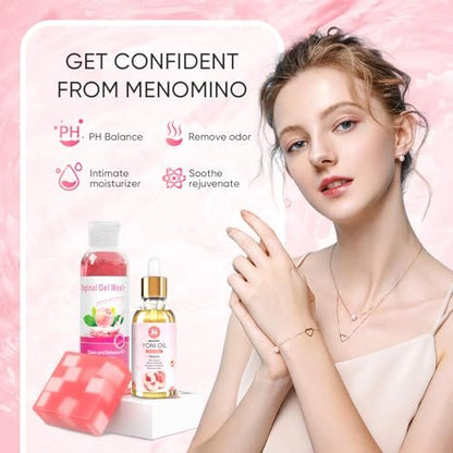 MENOMINO Femininwaschseife & Yoni-Öl-Set für pH-Balance, Feuchtigkeitsspendend, Geruchsentfernung, 150 ml Waschseife, 30 ml Bio-Femininöl & 100 g Yoni-Seife (Pfirsich)