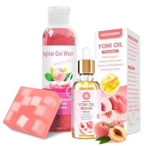 MENOMINO Femininwaschseife & Yoni-Öl-Set für pH-Balance, Feuchtigkeitsspendend, Geruchsentfernung, 150 ml Waschseife, 30 ml Bio-Femininöl & 100 g Yoni-Seife (Pfirsich)