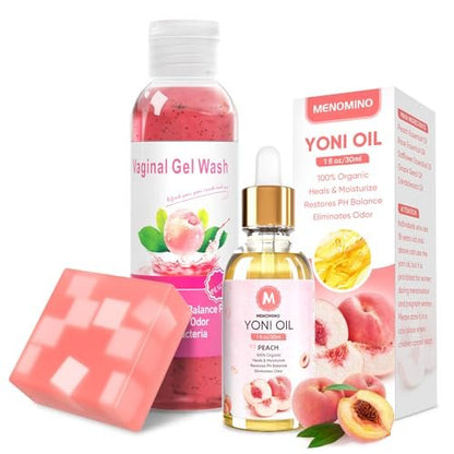 MENOMINO Femininwaschseife & Yoni-Öl-Set für pH-Balance, Feuchtigkeitsspendend, Geruchsentfernung, 150 ml Waschseife, 30 ml Bio-Femininöl & 100 g Yoni-Seife (Pfirsich)