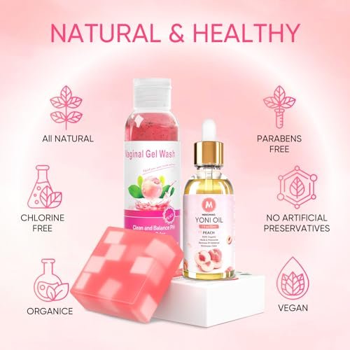 MENOMINO Femininwaschseife & Yoni-Öl-Set für pH-Balance, Feuchtigkeitsspendend, Geruchsentfernung, 150 ml Waschseife, 30 ml Bio-Femininöl & 100 g Yoni-Seife (Pfirsich)