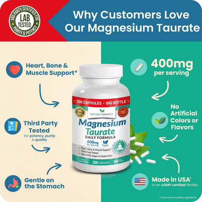 Magnesium Taurat 400 mg | Hohe Absorption | 200 Kapseln für Schlaf, Herzgesundheit, Ruhe, Gelenkunterstützung für Frauen und Männer | Reines elementares Magnesiumpulver plus Taurin – Extra starke Kapseln