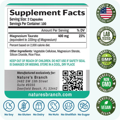 Magnesium Taurat 400 mg | Hohe Absorption | 200 Kapseln für Schlaf, Herzgesundheit, Ruhe, Gelenkunterstützung für Frauen und Männer | Reines elementares Magnesiumpulver plus Taurin – Extra starke Kapseln