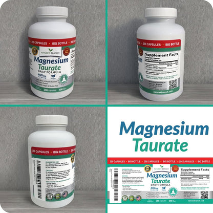 Magnesium Taurat 400 mg | Hohe Absorption | 200 Kapseln für Schlaf, Herzgesundheit, Ruhe, Gelenkunterstützung für Frauen und Männer | Reines elementares Magnesiumpulver plus Taurin – Extra starke Kapseln