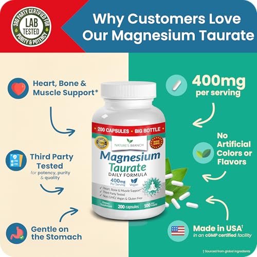 Magnesium Taurat 400 mg | Hohe Absorption | 200 Kapseln für Schlaf, Herzgesundheit, Ruhe, Gelenkunterstützung für Frauen und Männer | Reines elementares Magnesiumpulver plus Taurin – Extra starke Kapseln