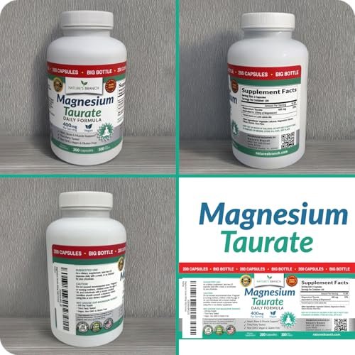 Magnesium Taurat 400 mg | Hohe Absorption | 200 Kapseln für Schlaf, Herzgesundheit, Ruhe, Gelenkunterstützung für Frauen und Männer | Reines elementares Magnesiumpulver plus Taurin – Extra starke Kapseln