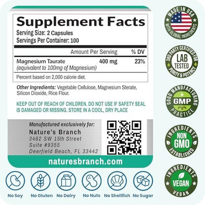 Magnesium Taurat 400 mg | Hohe Absorption | 200 Kapseln für Schlaf, Herzgesundheit, Ruhe, Gelenkunterstützung für Frauen und Männer | Reines elementares Magnesiumpulver plus Taurin – Extra starke Kapseln