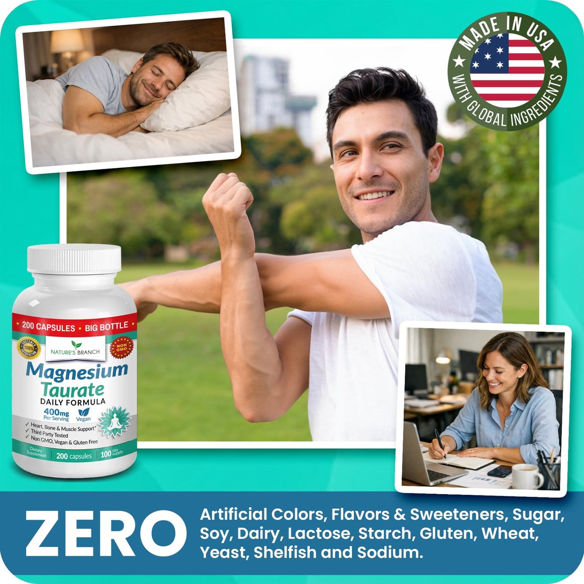 Magnesium Taurat 400 mg | Hohe Absorption | 200 Kapseln für Schlaf, Herzgesundheit, Ruhe, Gelenkunterstützung für Frauen und Männer | Reines elementares Magnesiumpulver plus Taurin – Extra starke Kapseln