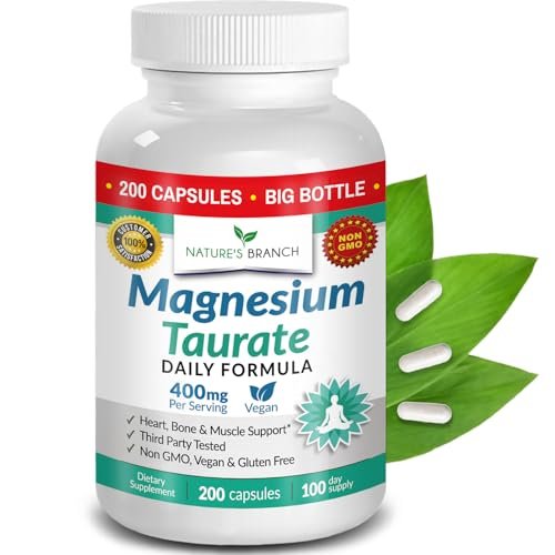 Magnesium Taurat 400 mg | Hohe Absorption | 200 Kapseln für Schlaf, Herzgesundheit, Ruhe, Gelenkunterstützung für Frauen und Männer | Reines elementares Magnesiumpulver plus Taurin – Extra starke Kapseln
