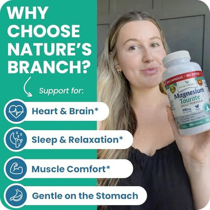 Magnesium Taurat 400 mg | Hohe Absorption | 200 Kapseln für Schlaf, Herzgesundheit, Ruhe, Gelenkunterstützung für Frauen und Männer | Reines elementares Magnesiumpulver plus Taurin – Extra starke Kapseln