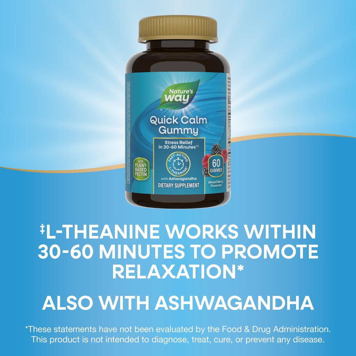 Nature's Way Quick Calm Gummis mit L-Theanin für Entspannung* und Stressabbau* – mit Ashwagandha, vegetarisch, gemischter Beerengeschmack, 60 Gummis