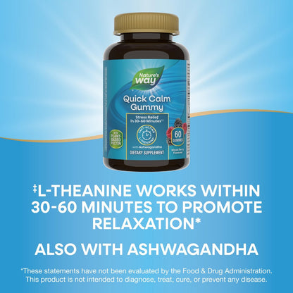 Nature's Way Quick Calm Gummis mit L-Theanin für Entspannung* und Stressabbau* – mit Ashwagandha, vegetarisch, gemischter Beerengeschmack, 60 Gummis